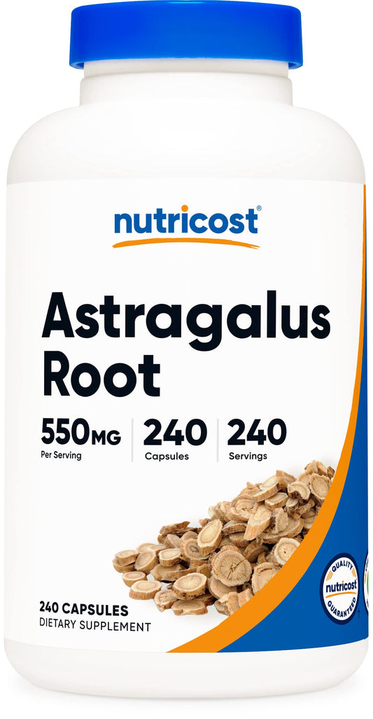 Nutricost Astragalus capsules 550mg bottle, easy daily serving for a clean gluten-free routine.