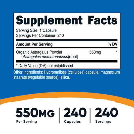 Nutricost Astragalus capsules ingredient closeup highlights a simple, non-GMO, soy-free formula.