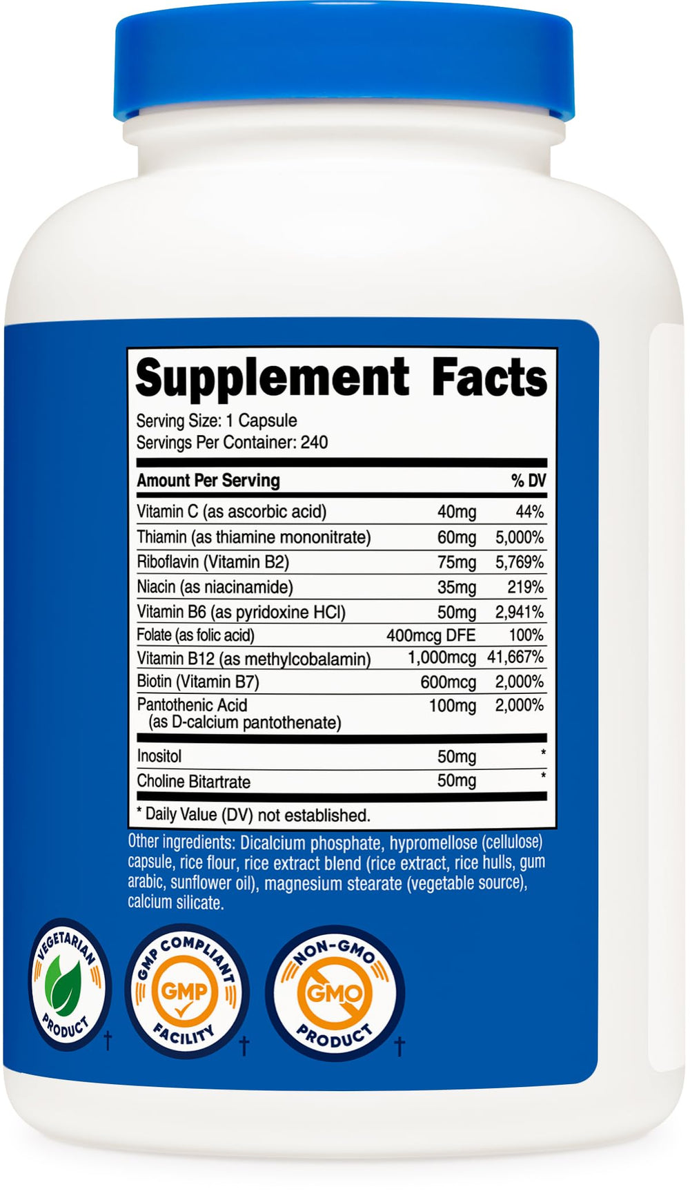 Nutricost etiqueta con lista de vitaminas y certificaciones visibles