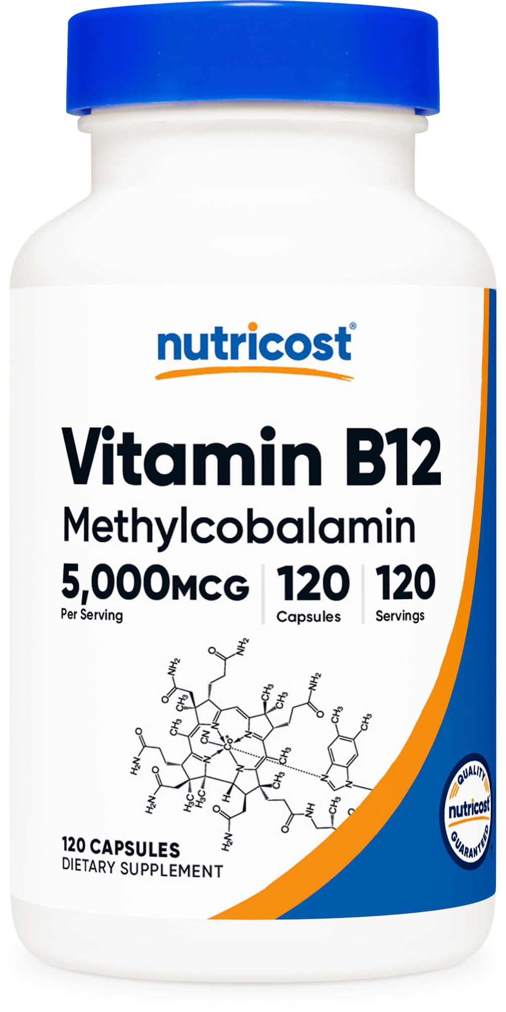 Nutricost frasco frente mostrando 5,000mcg y 120 cápsulas, confianza de dosis alta