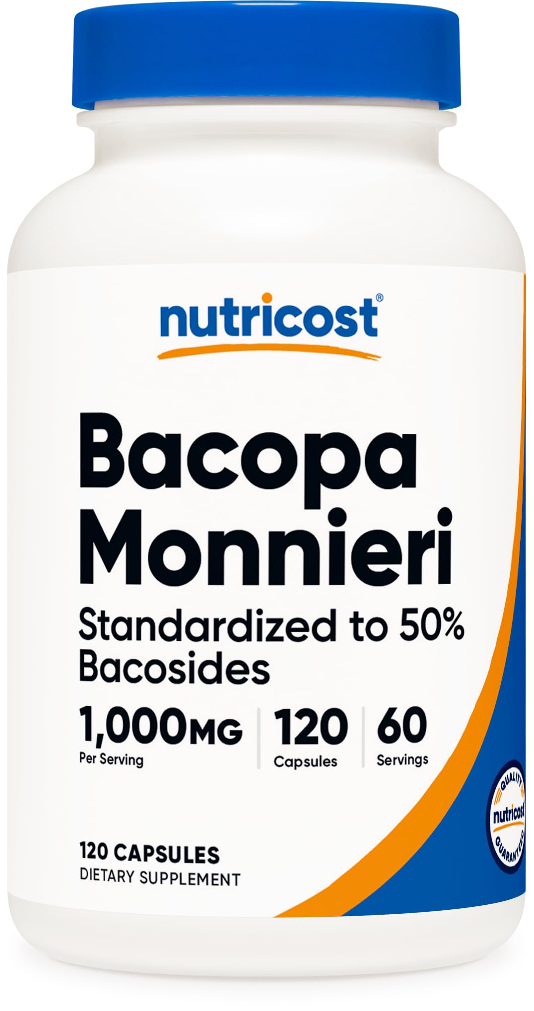Nutricost bacopa monnieri frente del envase mostrando el producto y beneficios