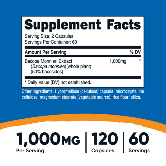 Nutricost Bacopa Monnieri capsules in a 120-count bottle for ongoing use