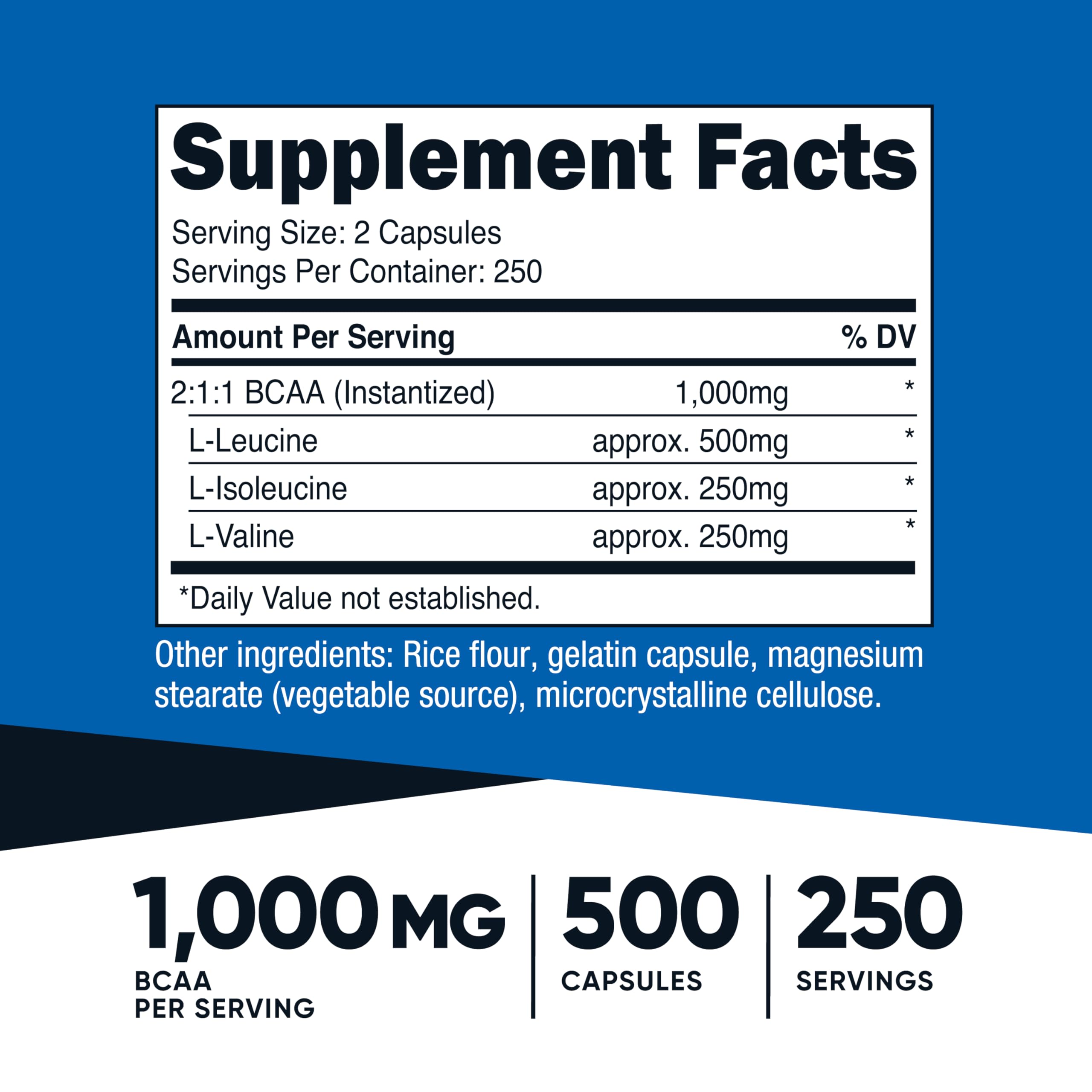 Nutricost BCAA 1000mg: etiqueta frontal que destaca la proporción 2:1:1