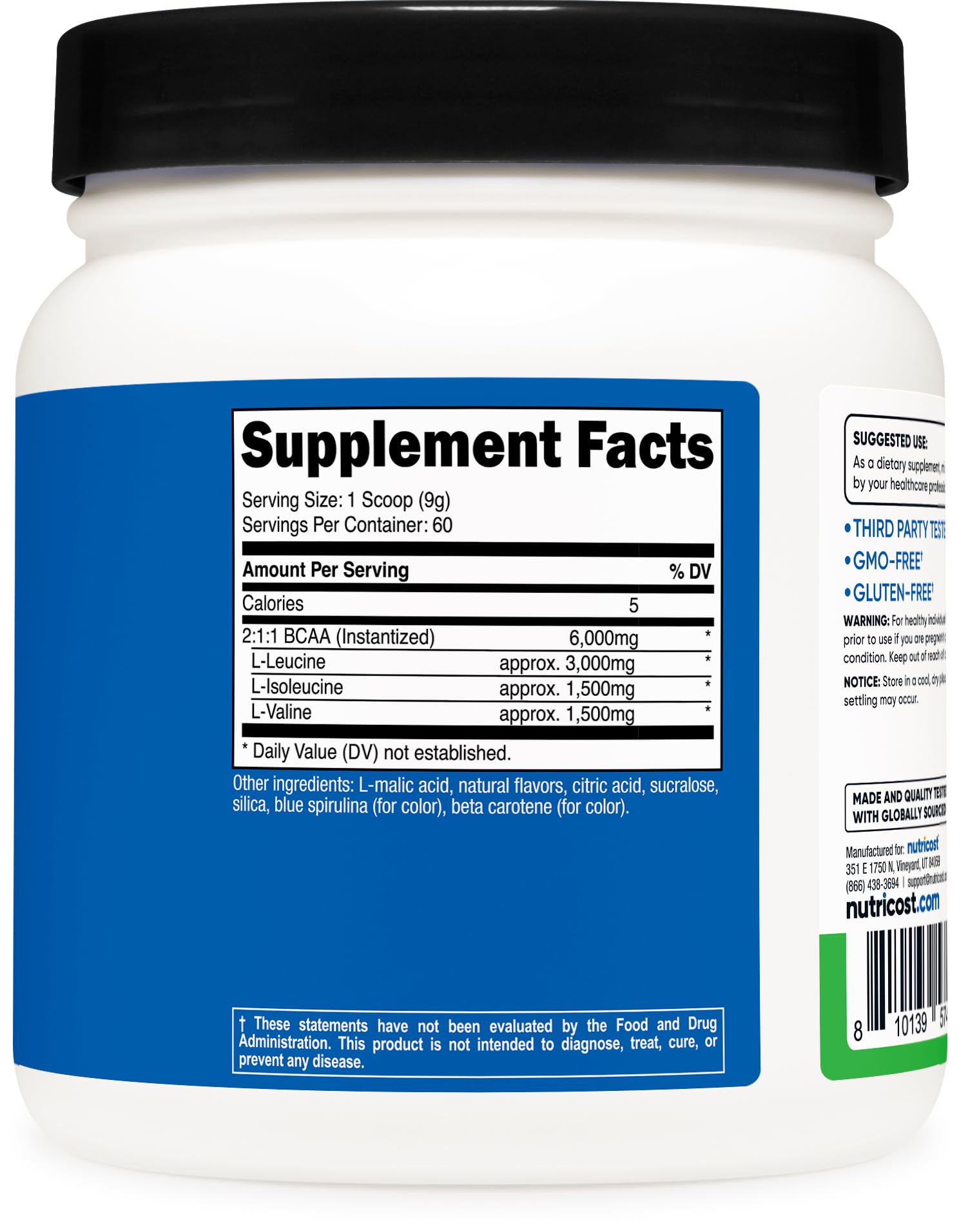 Detalle de etiqueta Nutricost con información de 6 g BCAA y proporción 2:1:1