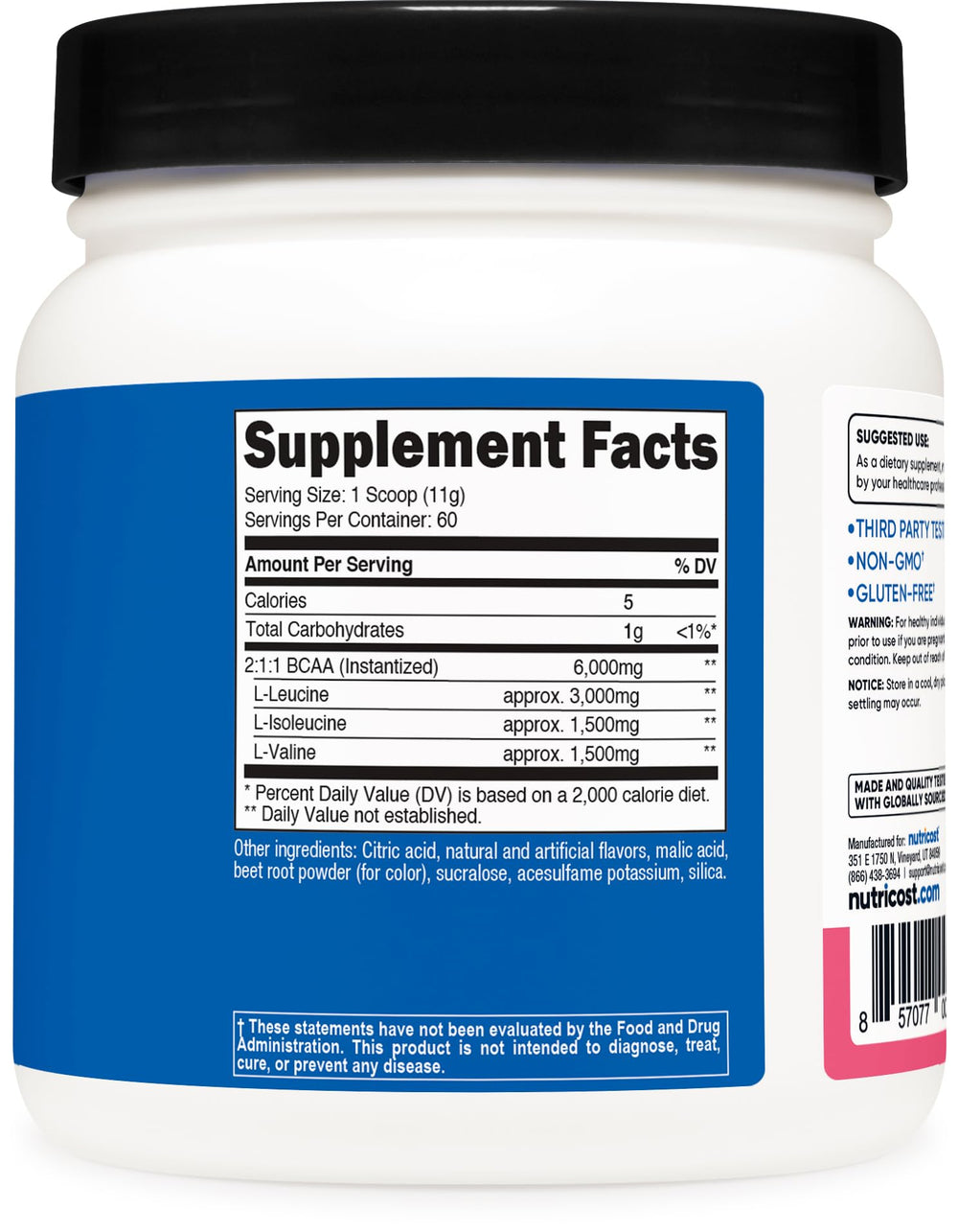 Etiqueta de Nutricost BCAA con información y sellos GMP y Non-GMO, confianza en calidad