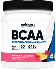 Nutricost BCAA frasco frontal mostrando 60 servicios y sabor Raspberry Lemonade, claridad de contenido