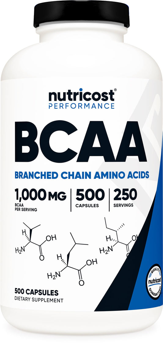 Nutricost frasco frontal mostrando 500 cápsulas y beneficios prácticos