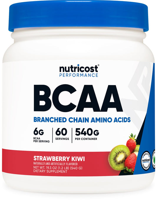 Nutricost BCAA polvo fresa kiwi en envase, ideal para entrenar.