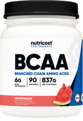 Nutricost BCAA Polvo Sandía en botella, sabor refrescante para entrenamientos.