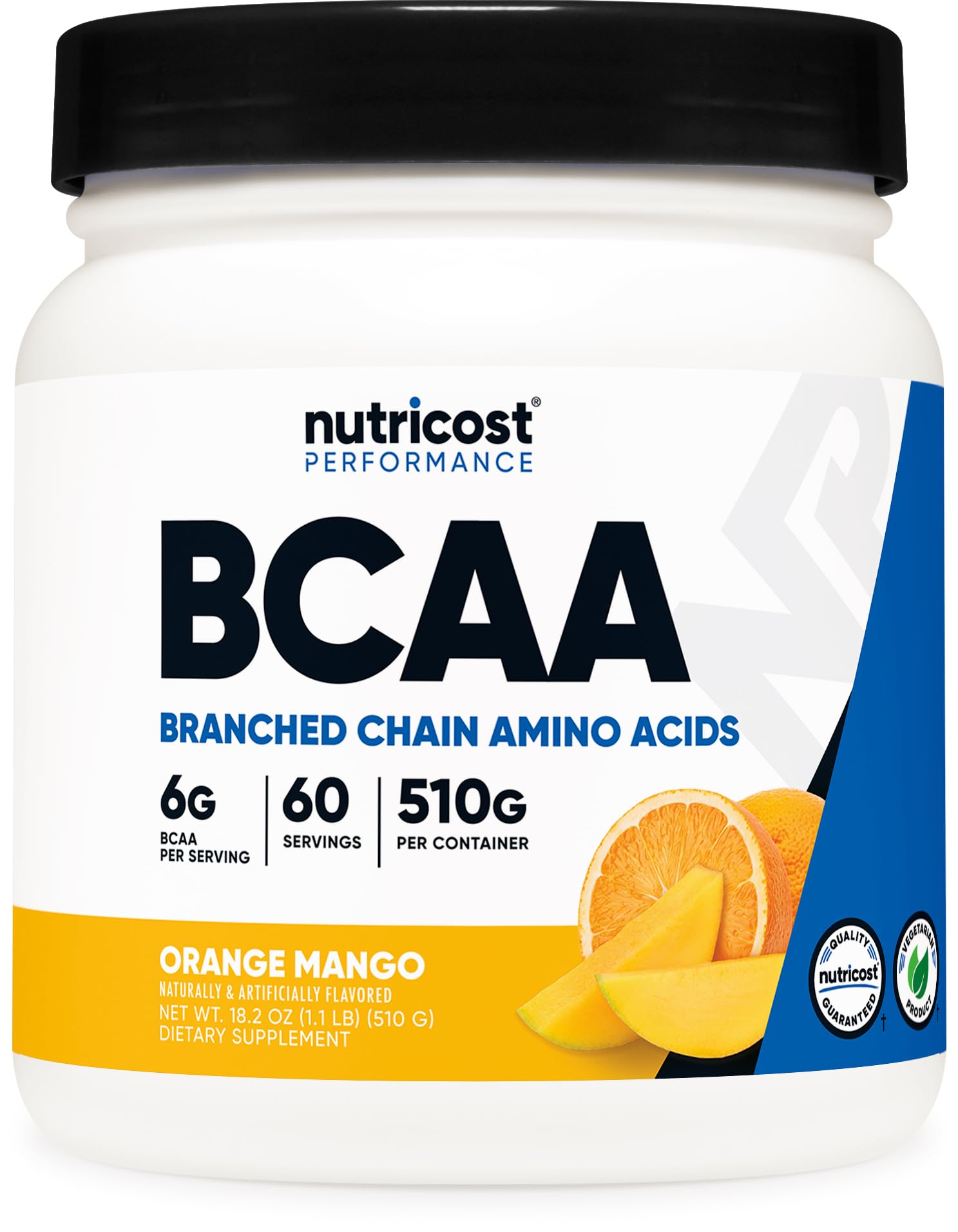 Nutricost BCAA Powder con sabor Naranja Mango en bote, ideal para recuperación posentrenamiento.