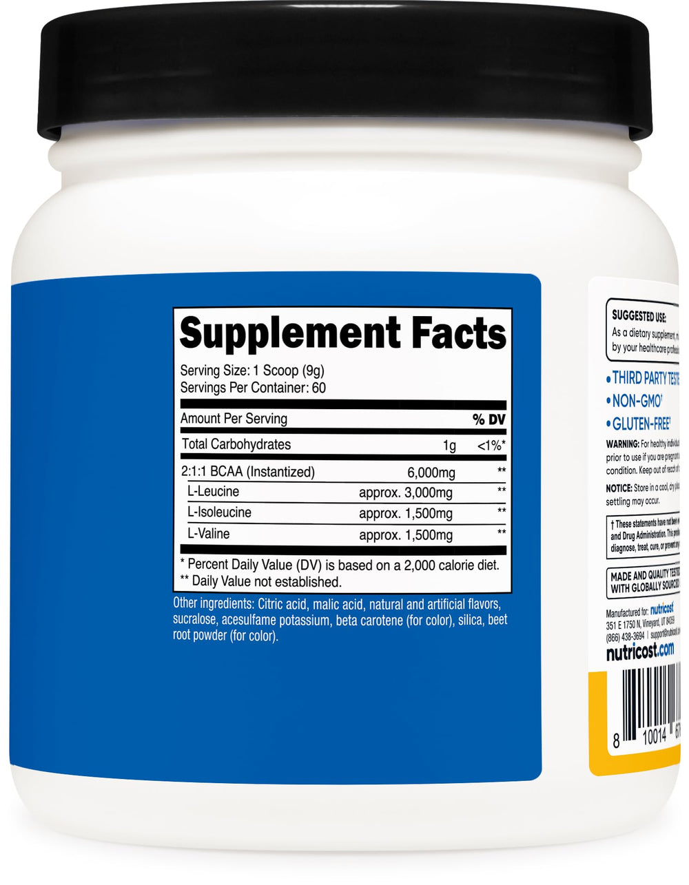 Envase de Nutricost BCAA Powder, diseño compacto para llevar al gimnasio.