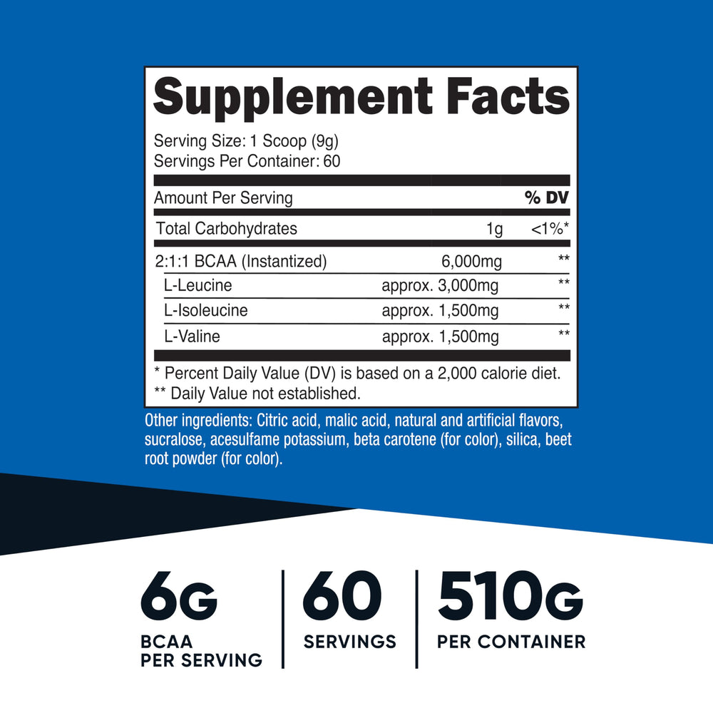 Nutricost polvo BCAA en primer plano mostrando textura fina y mezcla rápida
