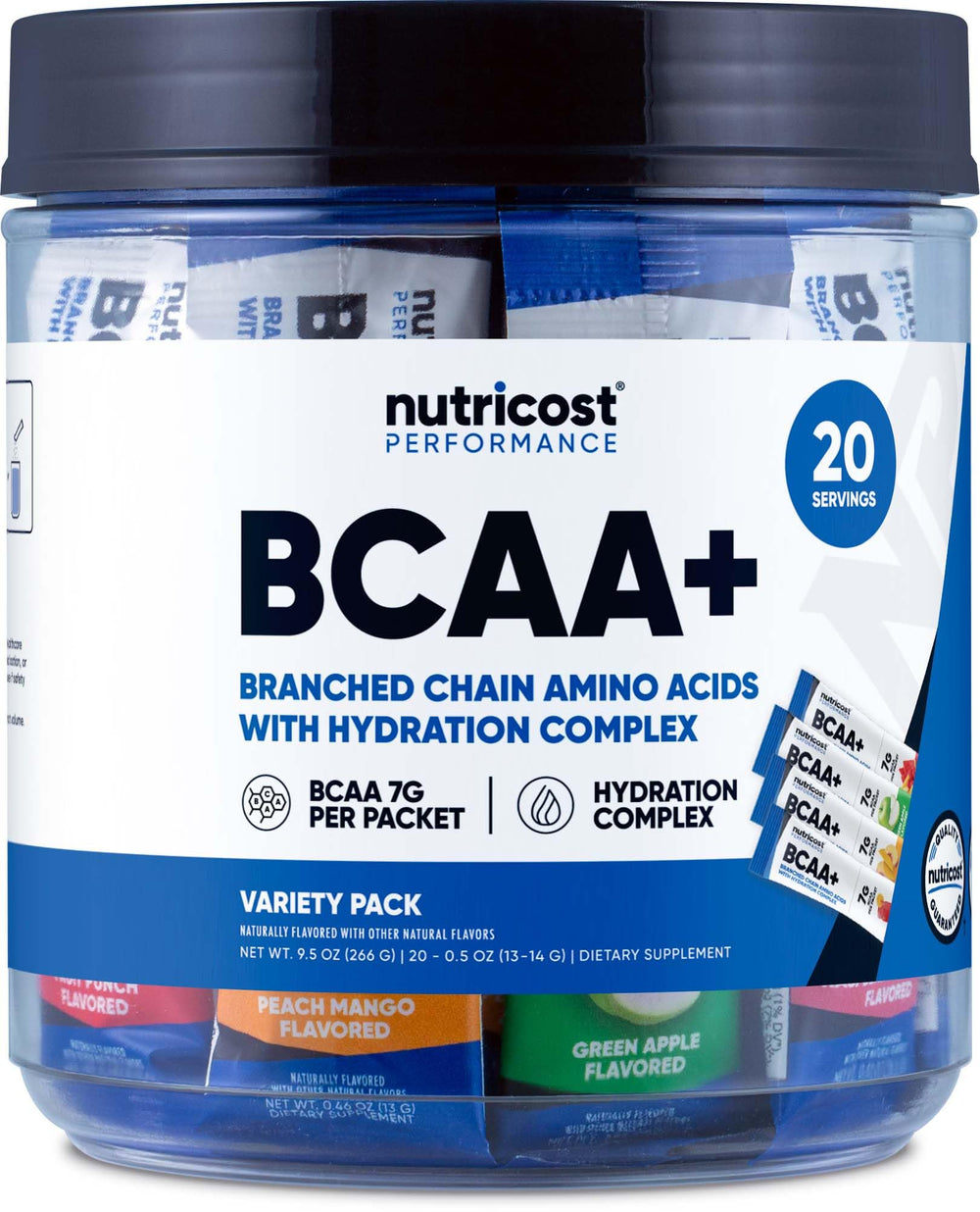 Nutricost BCAA+ Hydration, variedad de sabores, ideal para mantener la hidratación durante el entrenamiento.