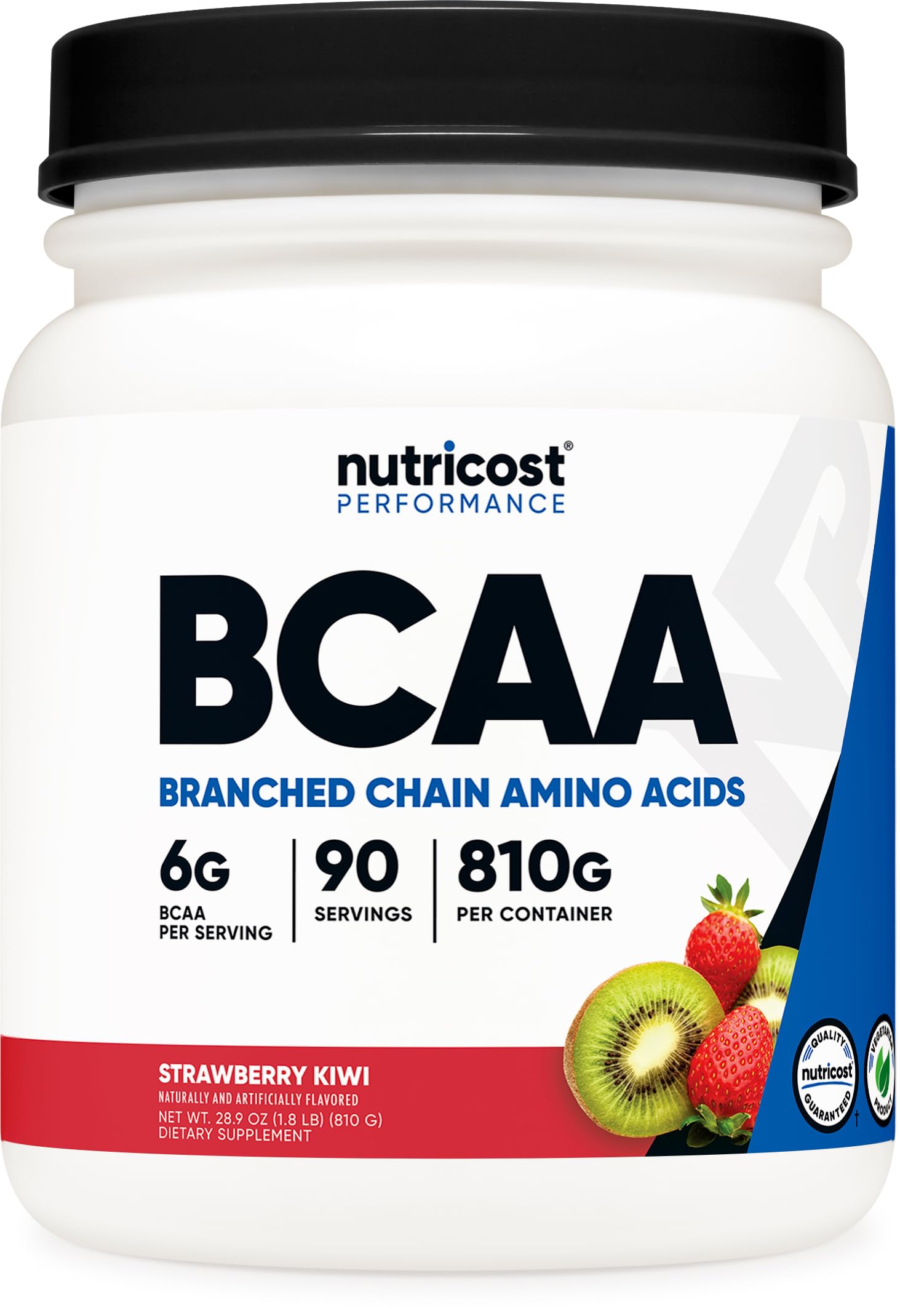 Nutricost BCAA polvo fresa kiwi, 90 porciones, para recuperación muscular.