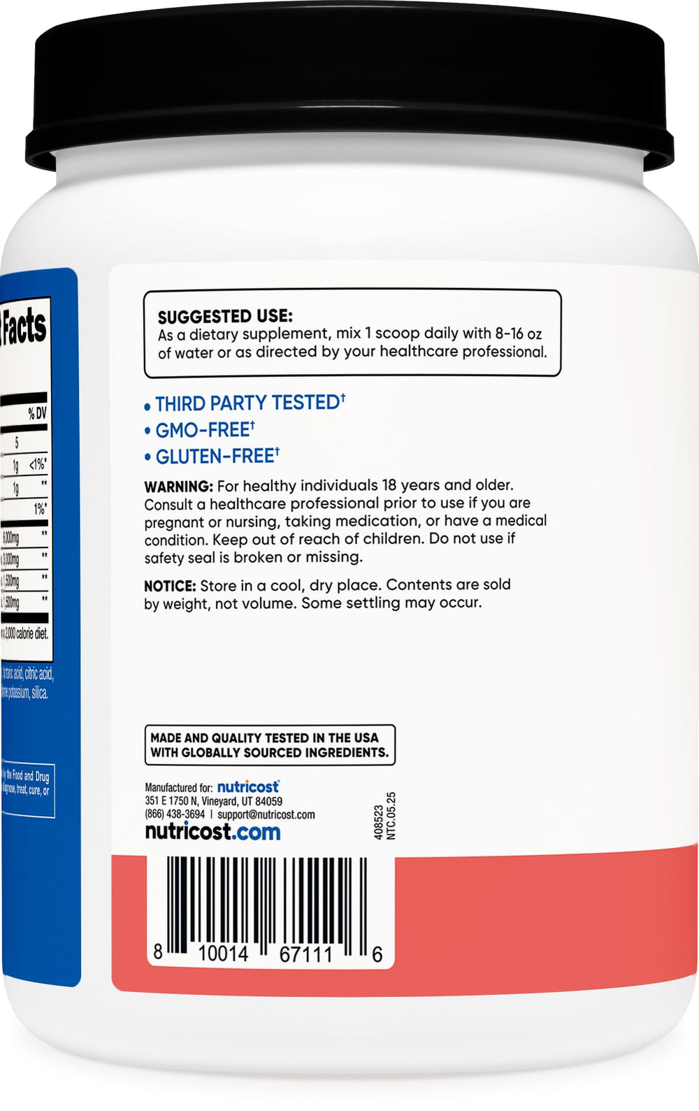 Etiqueta legible de Nutricost BCAA polvo sabor sandía e ingredientes