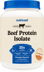 Nutricost envase frontal de Beef Protein Chocolate mostrando el diseño y tamaño