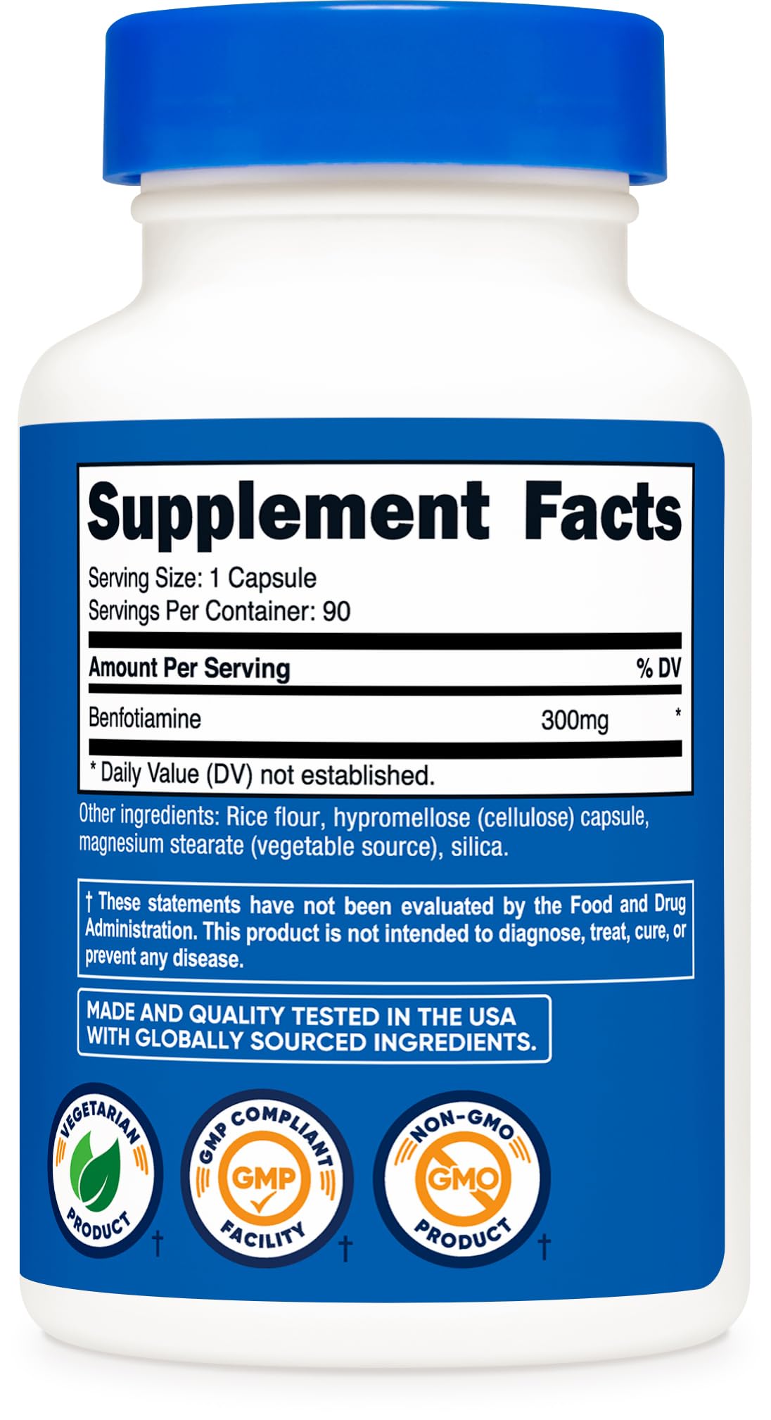 Nutricost Benfotiamine etiqueta ingredientes, destaca fabricación y certificaciones