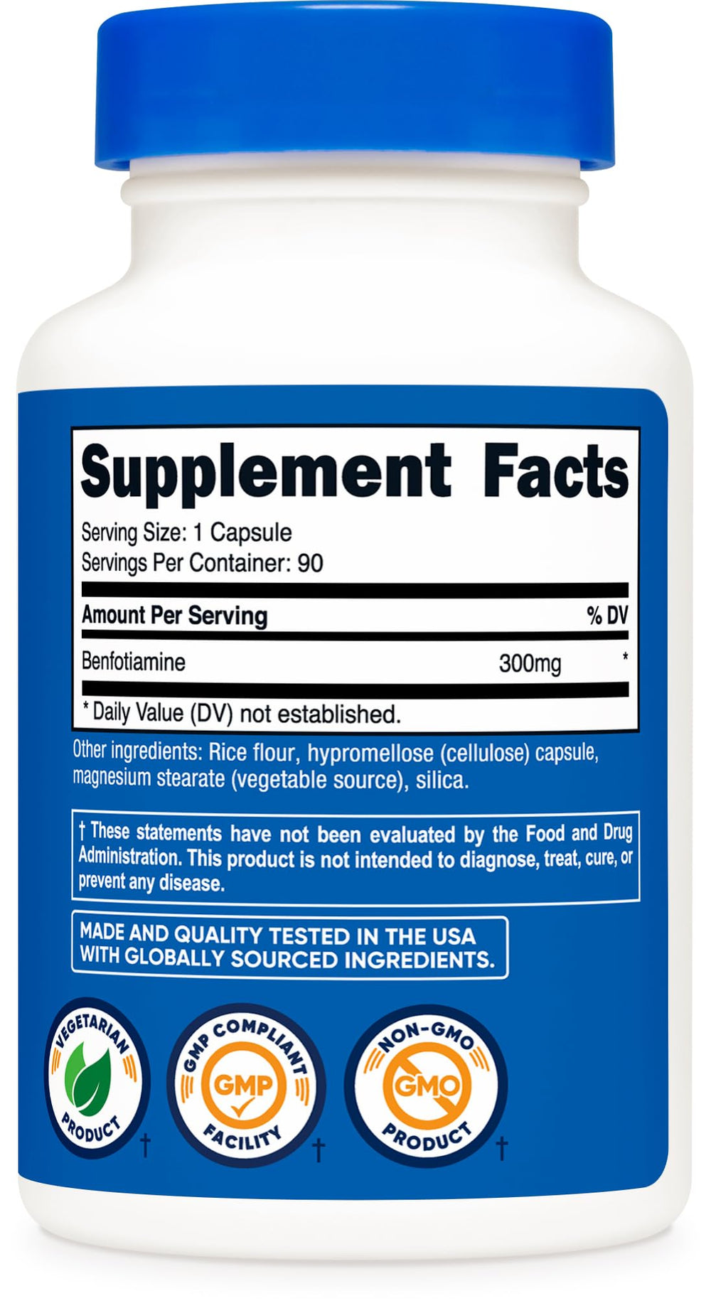 Nutricost Benfotiamine etiqueta ingredientes, destaca fabricación y certificaciones