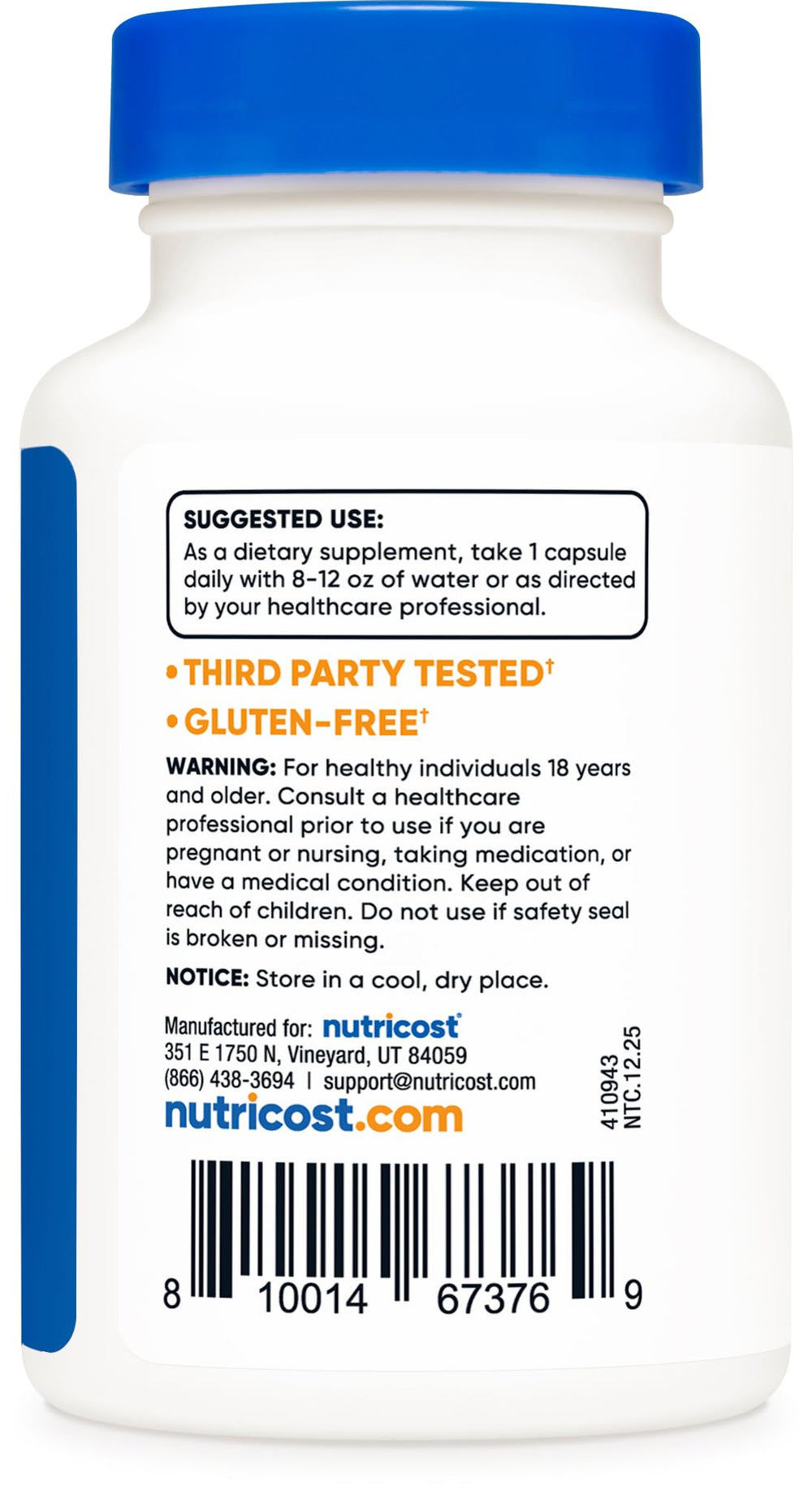 Nutricost Benfotiamine cápsula en mano, ilustra tamaño y control de dosis