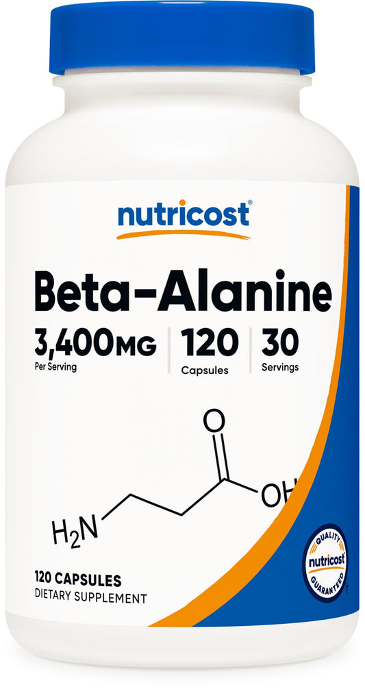 Nutricost Beta-Alanine bottle front view showing 120 capsules and the gluten-free formula.