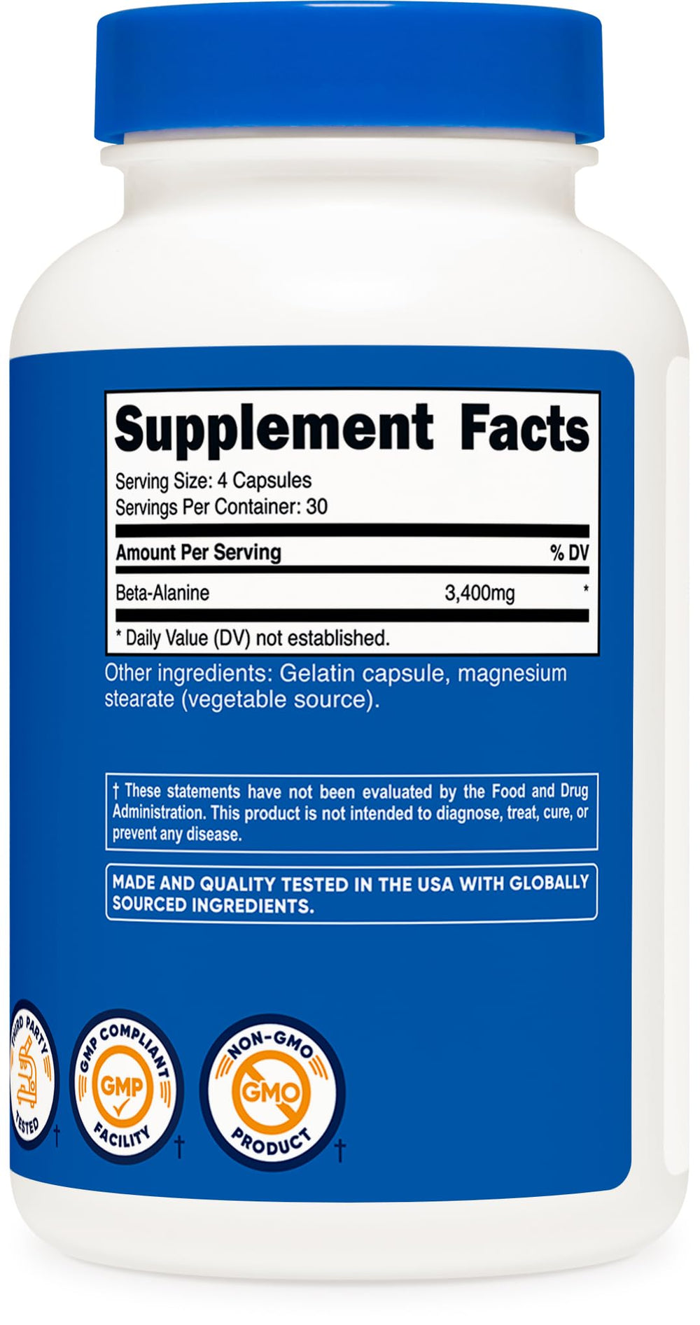 Comparación de tamaño de cápsula Nutricost Beta-Alanine junto a moneda para escala
