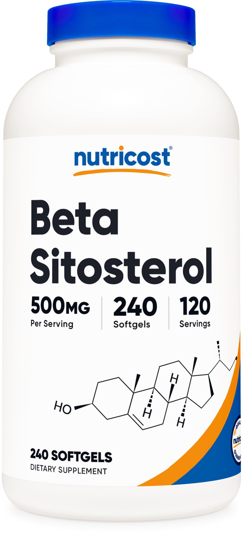 Nutricost Beta Sitosterol, botella con cápsulas blandas de 500 mg para uso diario.