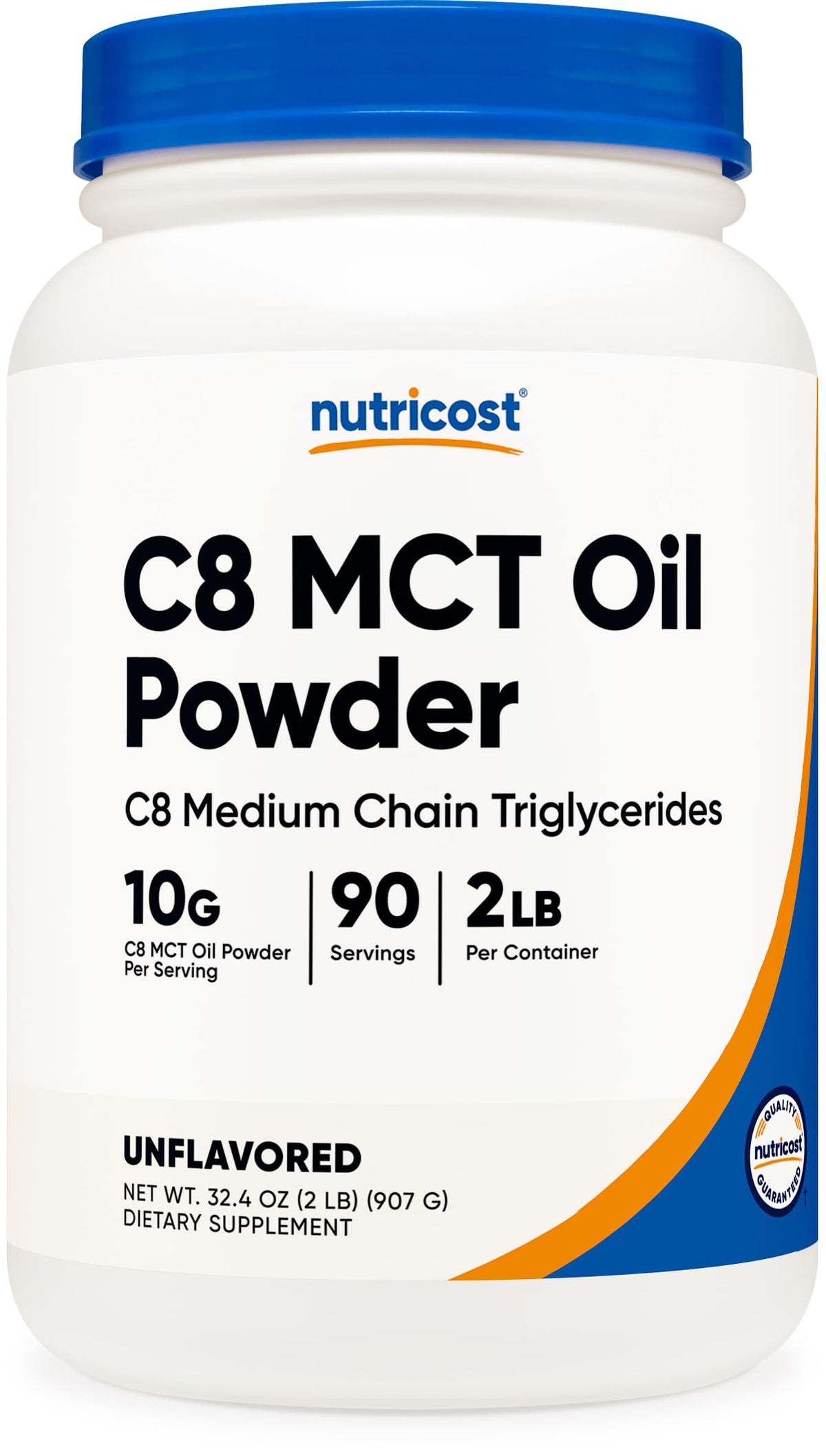Nutricost envase frontal del polvo MCT C8 mostrando etiqueta y beneficio de alta concentración