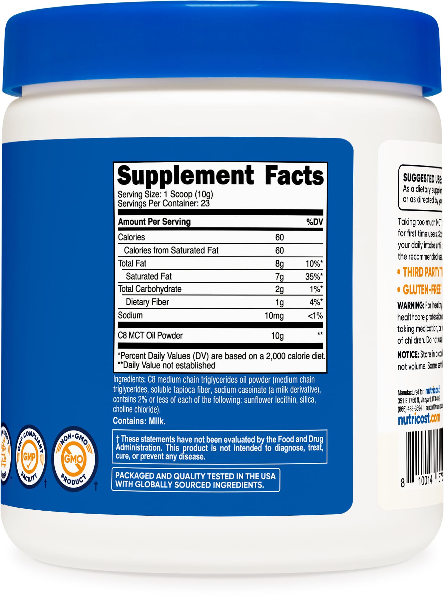 Nutricost etiqueta con desglose C8 95% y datos de fabricación