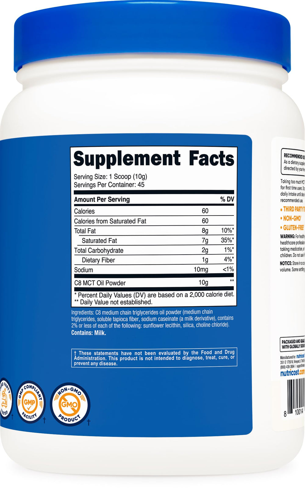 Nutricost polvo C8 etiqueta del producto con porcentaje C8 alto