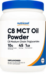 Nutricost polvo C8 frontal mostrando envase y beneficio conveniencia