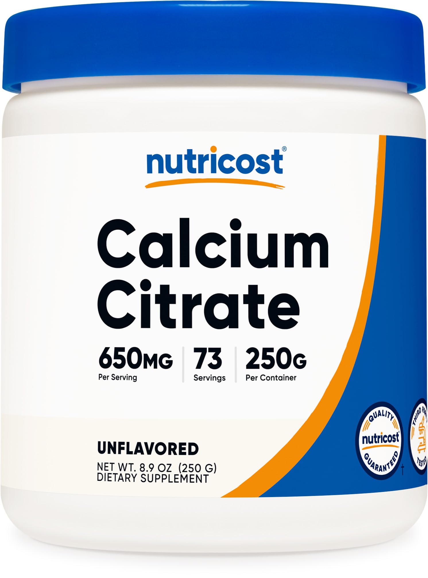 Nutricost envase frontal del polvo de calcio citrato mostrando marca y tamaño, presentación clara