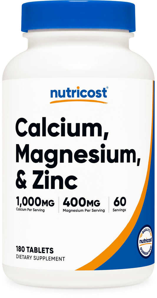 Nutricost calcium magnesium zinc tablets bottle highlighting a balanced mineral blend for daily wellness