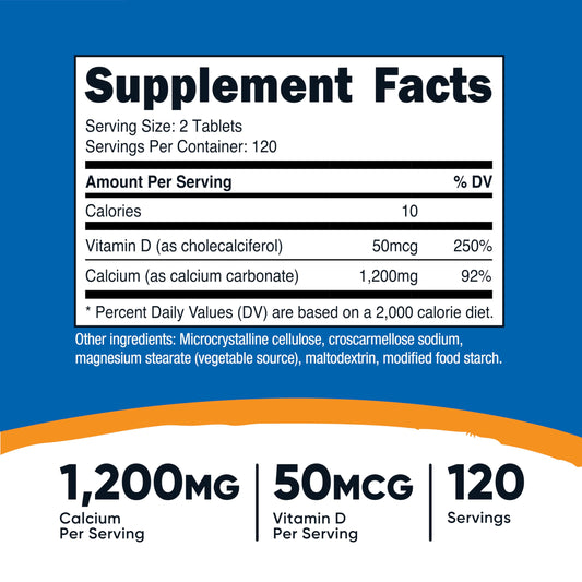 Nutricost Calcium with Vitamin D bottle side showing dosage for easy daily use.