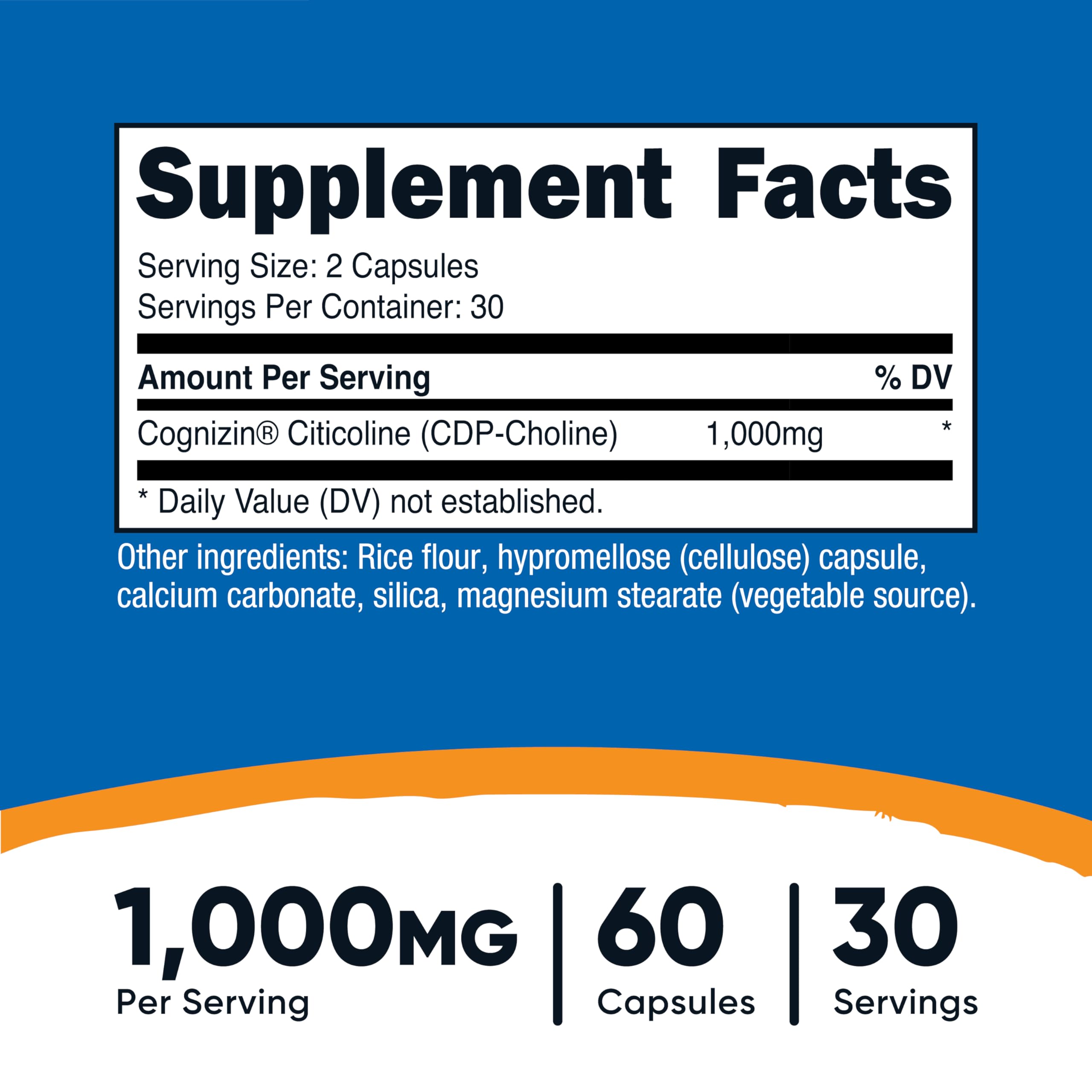 Primer plano de cápsula Nutricost Citicoline destacando textura y pureza