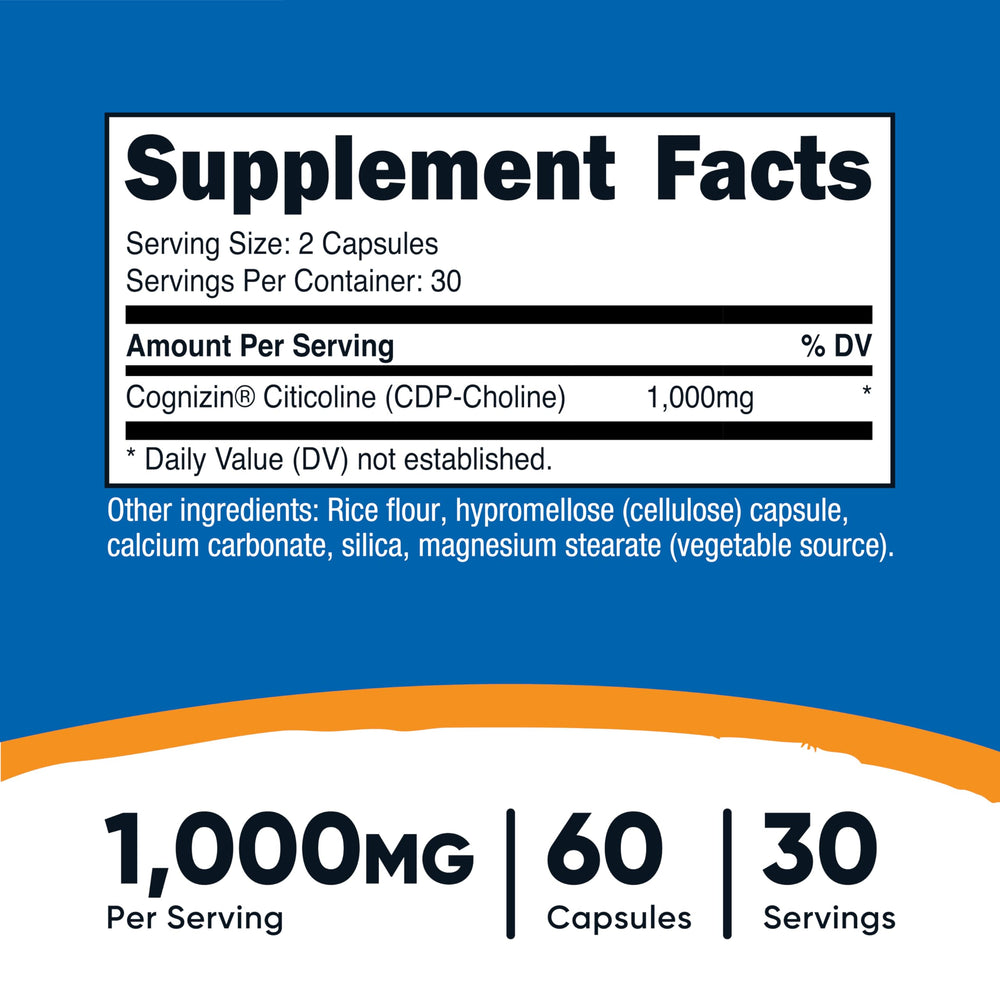 Primer plano de cápsula Nutricost Citicoline destacando textura y pureza