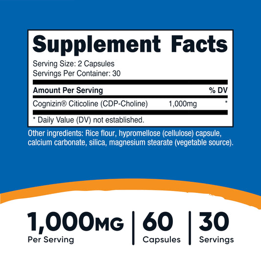 Primer plano de cápsula Nutricost Citicoline destacando textura y pureza