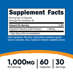 Primer plano de cápsula Nutricost Citicoline destacando textura y pureza