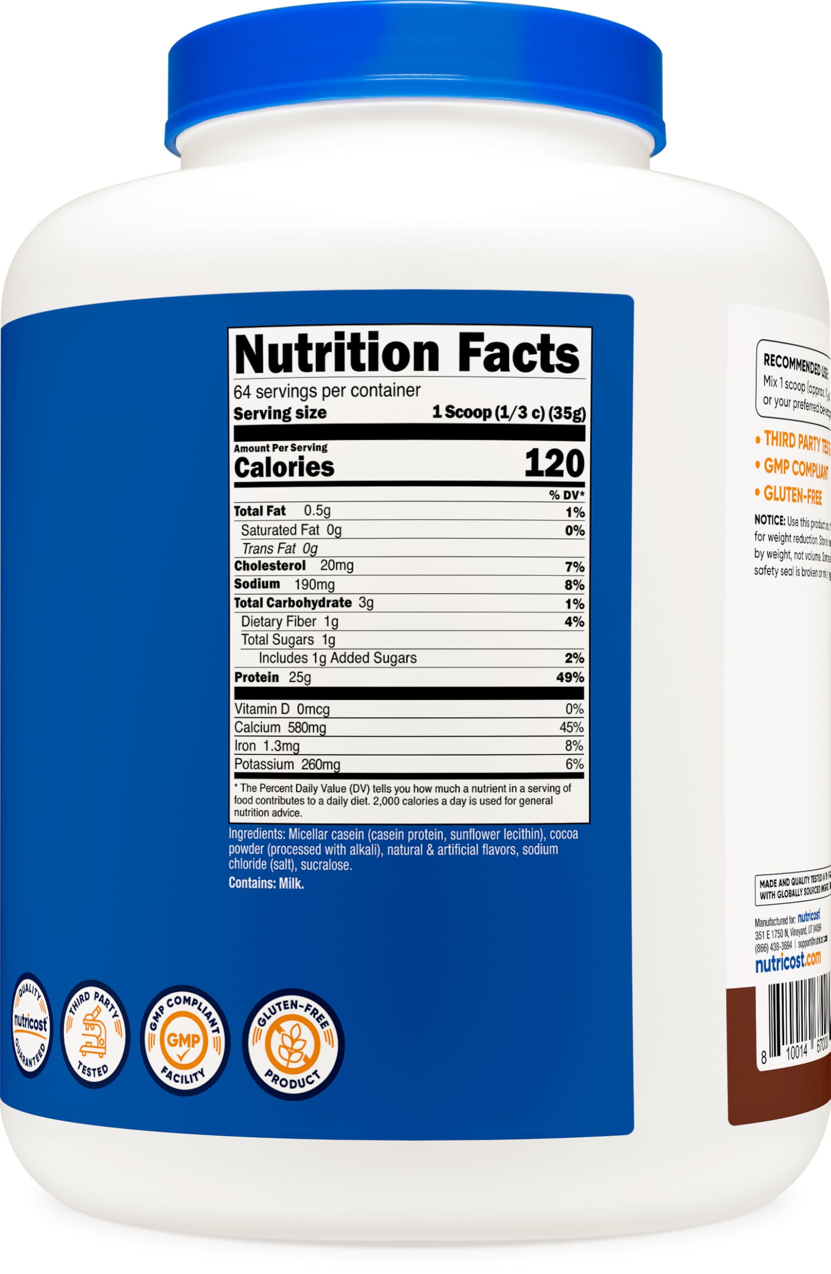 Detalle de etiqueta Nutricost caseína chocolate mostrando 24 g por porción