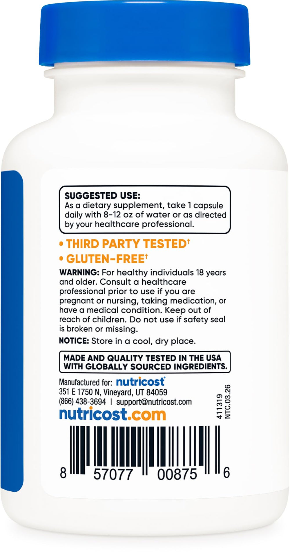 Nutricost etiqueta con información nutricional clara y detalle de 300 mg por cápsula