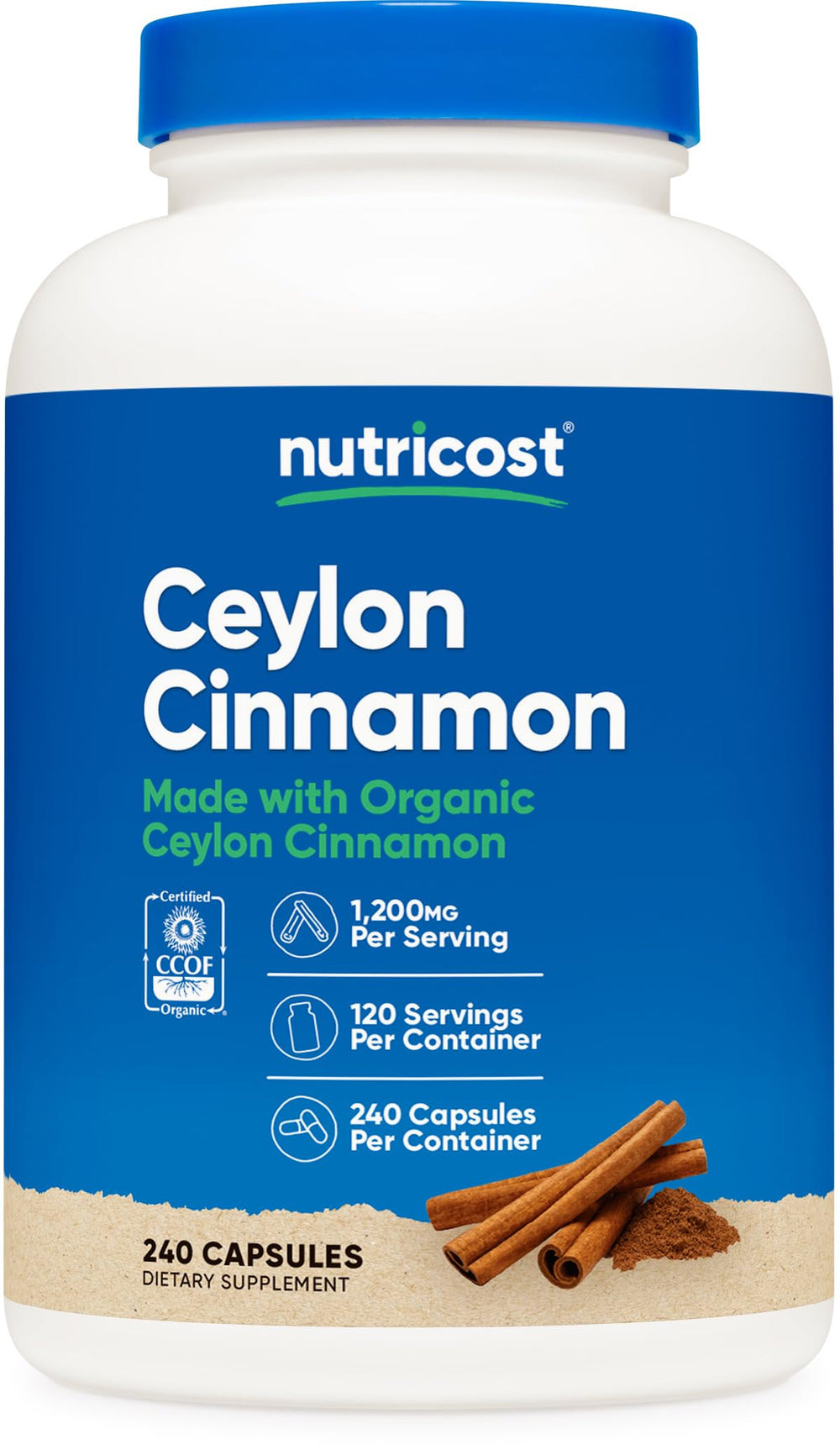 Nutricost frasco frontal con canela de Ceilán, presentación clara y suministro prolongado