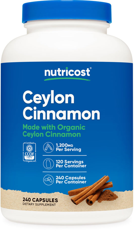 Nutricost frasco frontal con canela de Ceilán, presentación clara y suministro prolongado