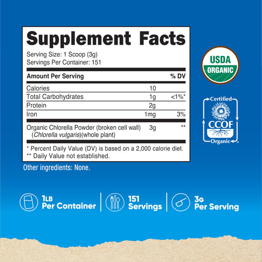 Nutricost primer plano del polvo de chlorella resaltando su textura fina