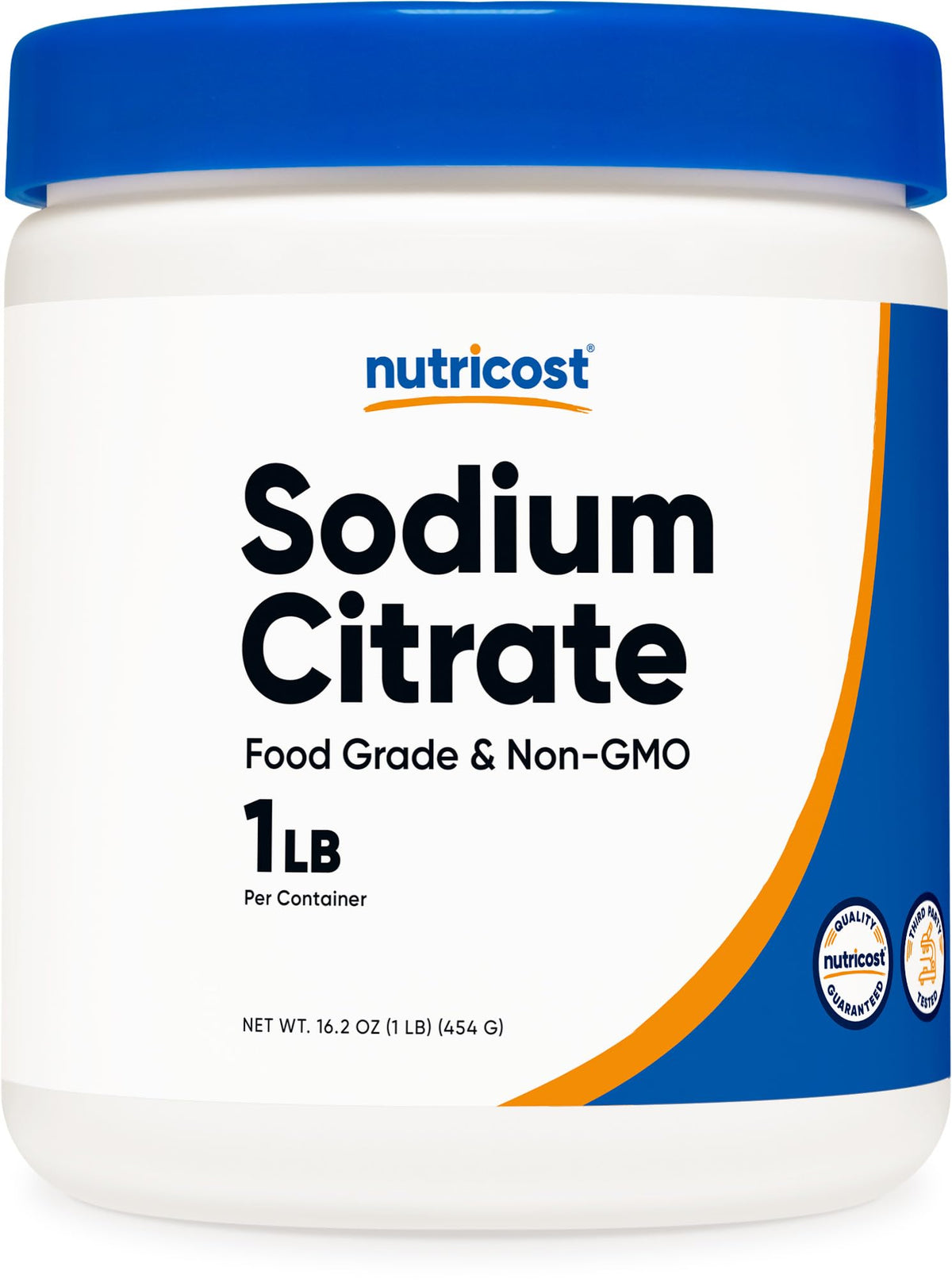 Nutricost envase frontal mostrando citrato de sodio, práctico y alimentario