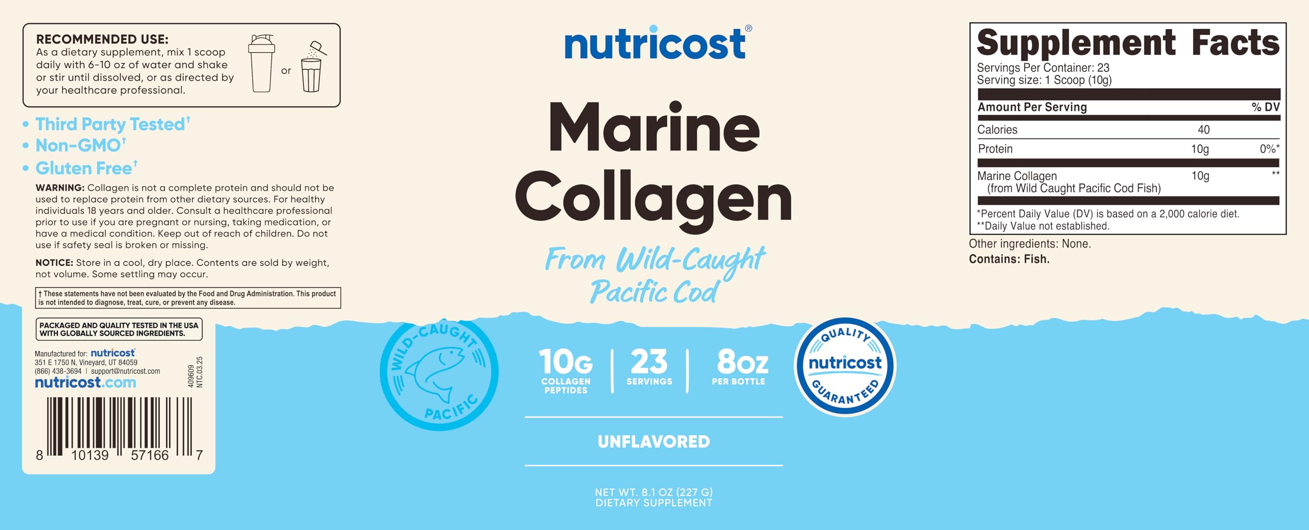 Comparación de tamaño Nutricost colágeno marino junto a mano, visualiza el volumen del envase