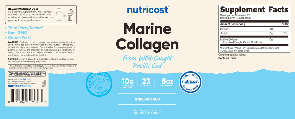 Comparación de tamaño Nutricost colágeno marino junto a mano, visualiza el volumen del envase
