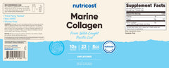 Comparación de tamaño Nutricost colágeno marino junto a mano, visualiza el volumen del envase