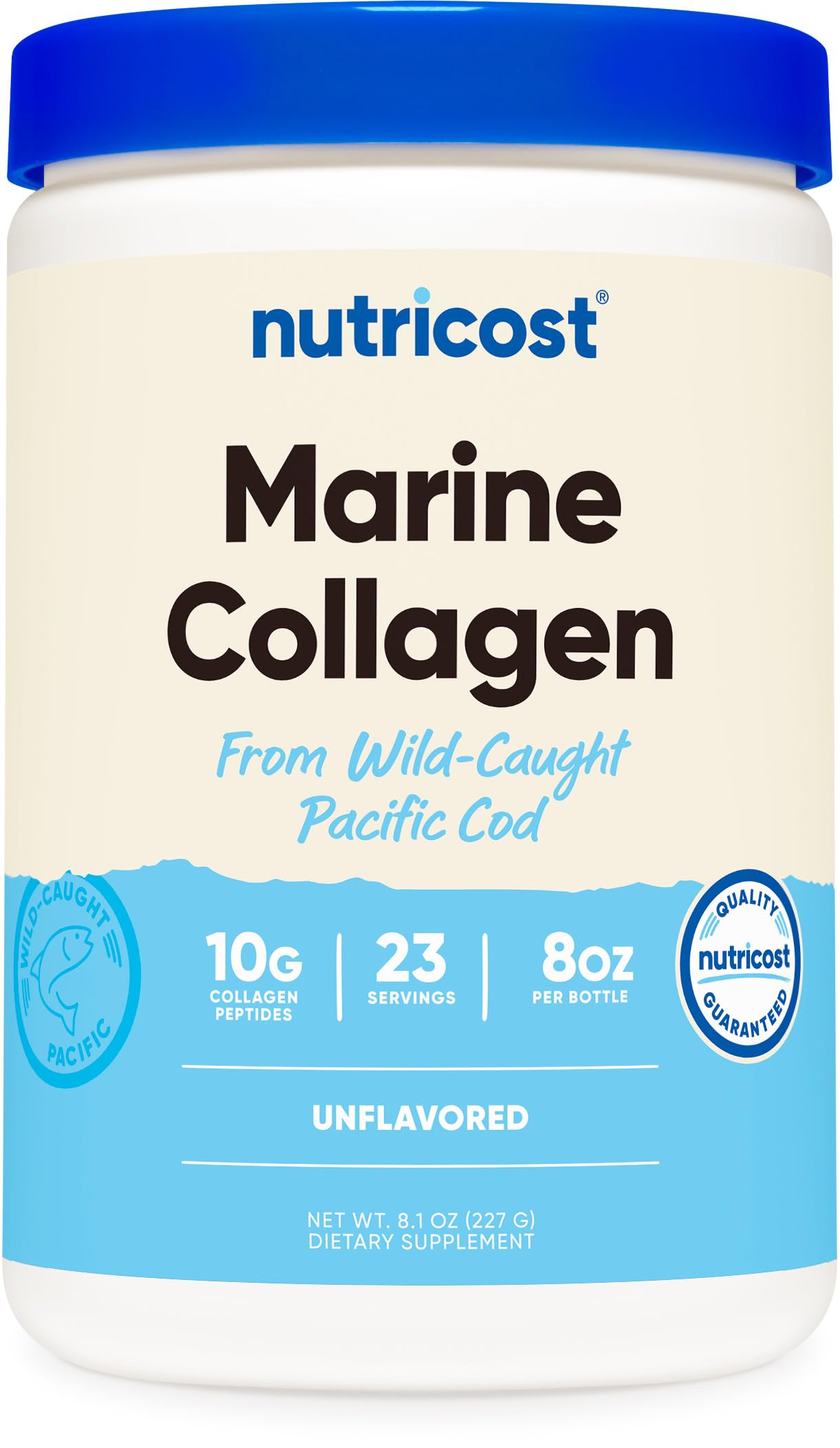 Envase frontal Nutricost colágeno marino, presenta información clara y diseño atractivo