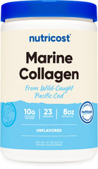 Envase frontal Nutricost colágeno marino, presenta información clara y diseño atractivo