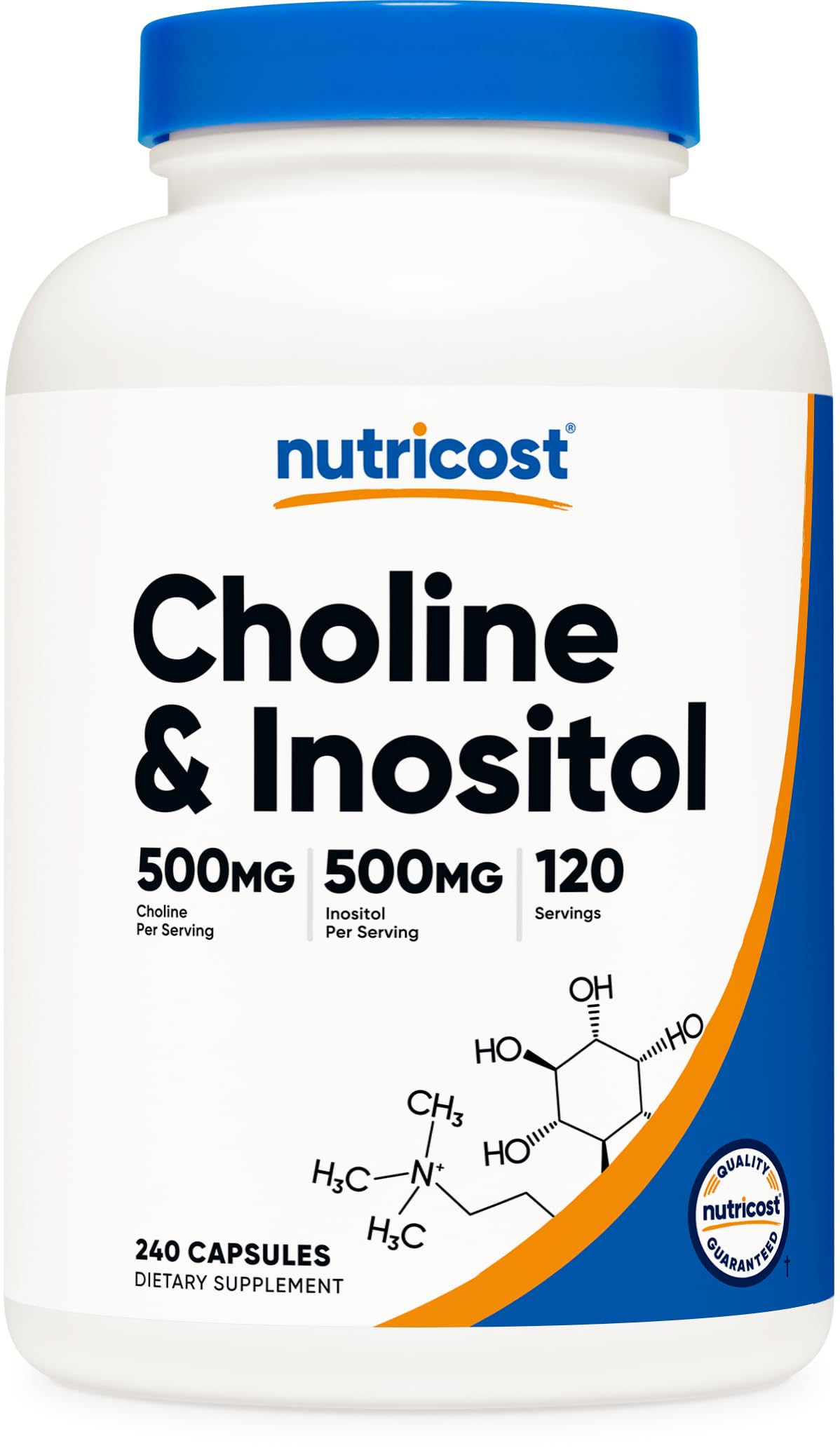 Nutricost frasco frontal mostrando colina e inositol para fácil identificación y confianza