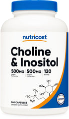 Nutricost frasco frontal mostrando colina e inositol para fácil identificación y confianza